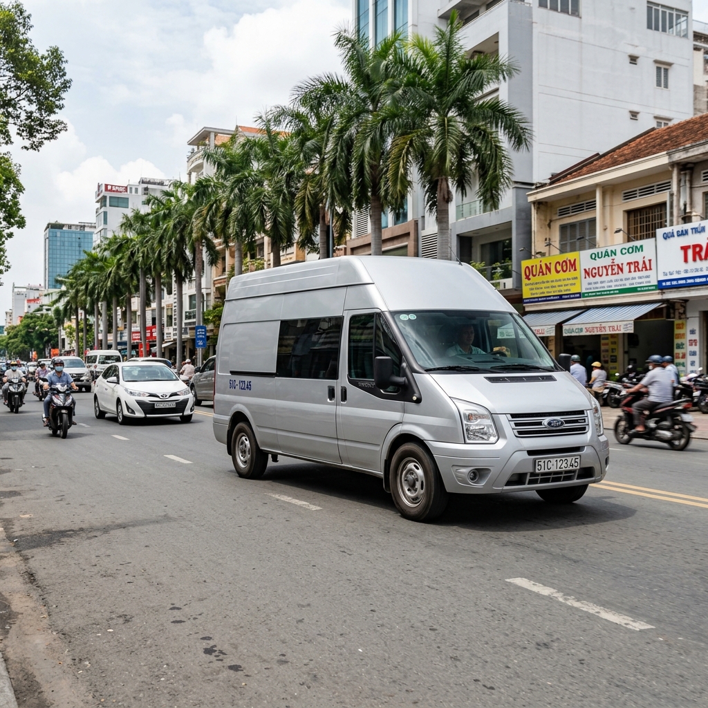 Ford Transit Van bạc trên đại lộ TP.HCM