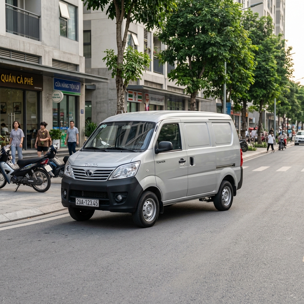 Thaco Towner Van bạc trên đường phố hiện đại